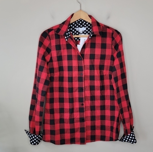 NWT Hazel Blues | Red Black Plaid Button Up Shirt Polka Dot Cuffs Womens Small - Picture 2 of 6
